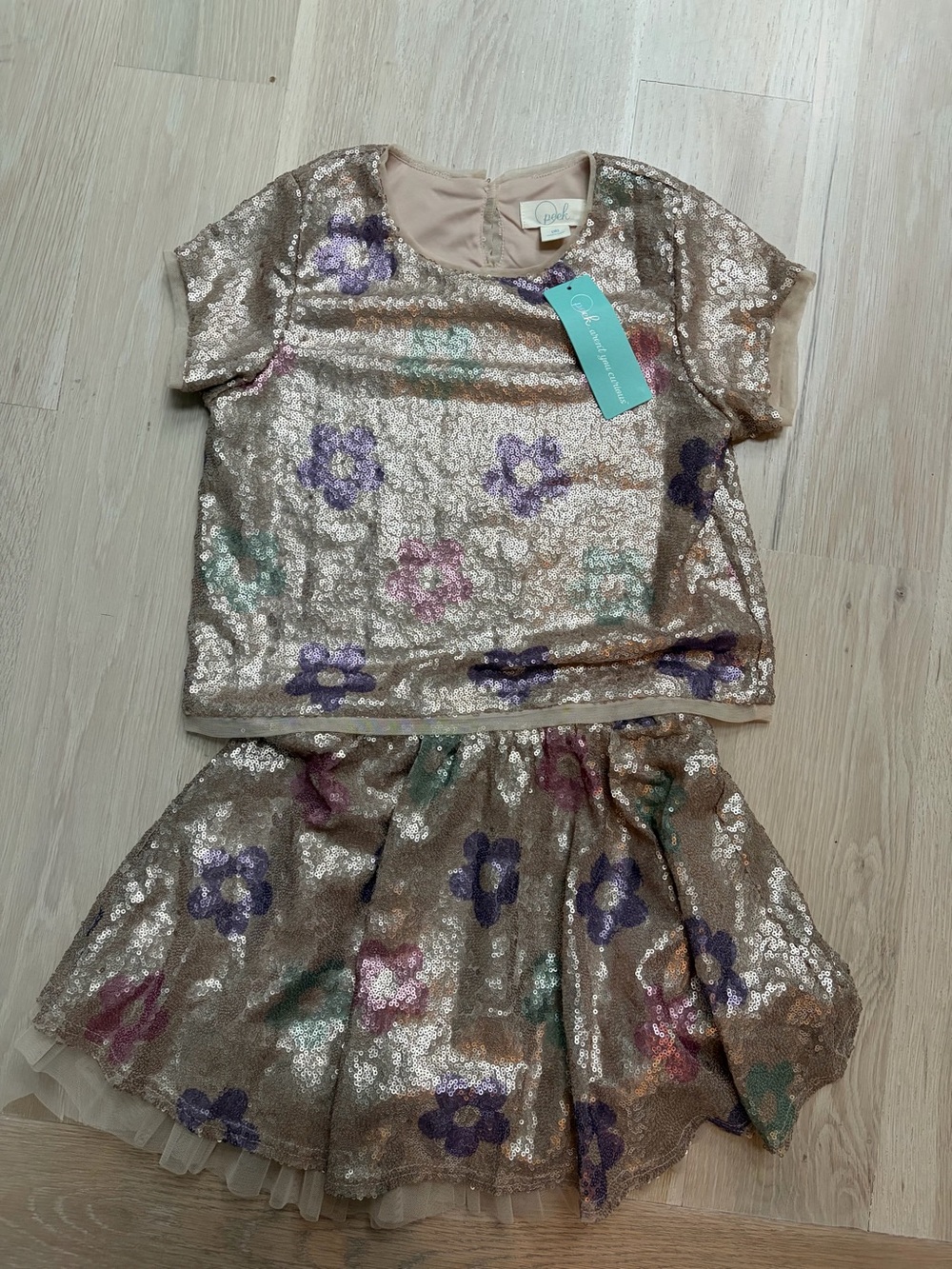 Peek Gold Sequin Floral Top and Twirl Skirt Set NWT
